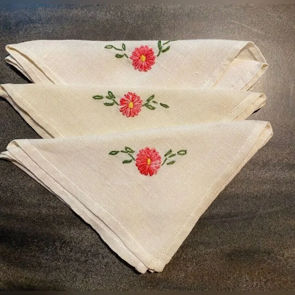 Vintage Set Of 3 Napkins Pink Flower Embroidered Linen 10” Square